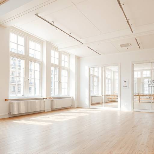 Studio de danse contemporaine dans le quartier du Marais à Paris, avec un sol en bois clair et de grandes fenêtres laissant entrer la lumière naturelle.