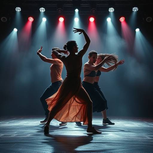 Une performance de danse contemporaine intense sur scène avec un éclairage dramatique.